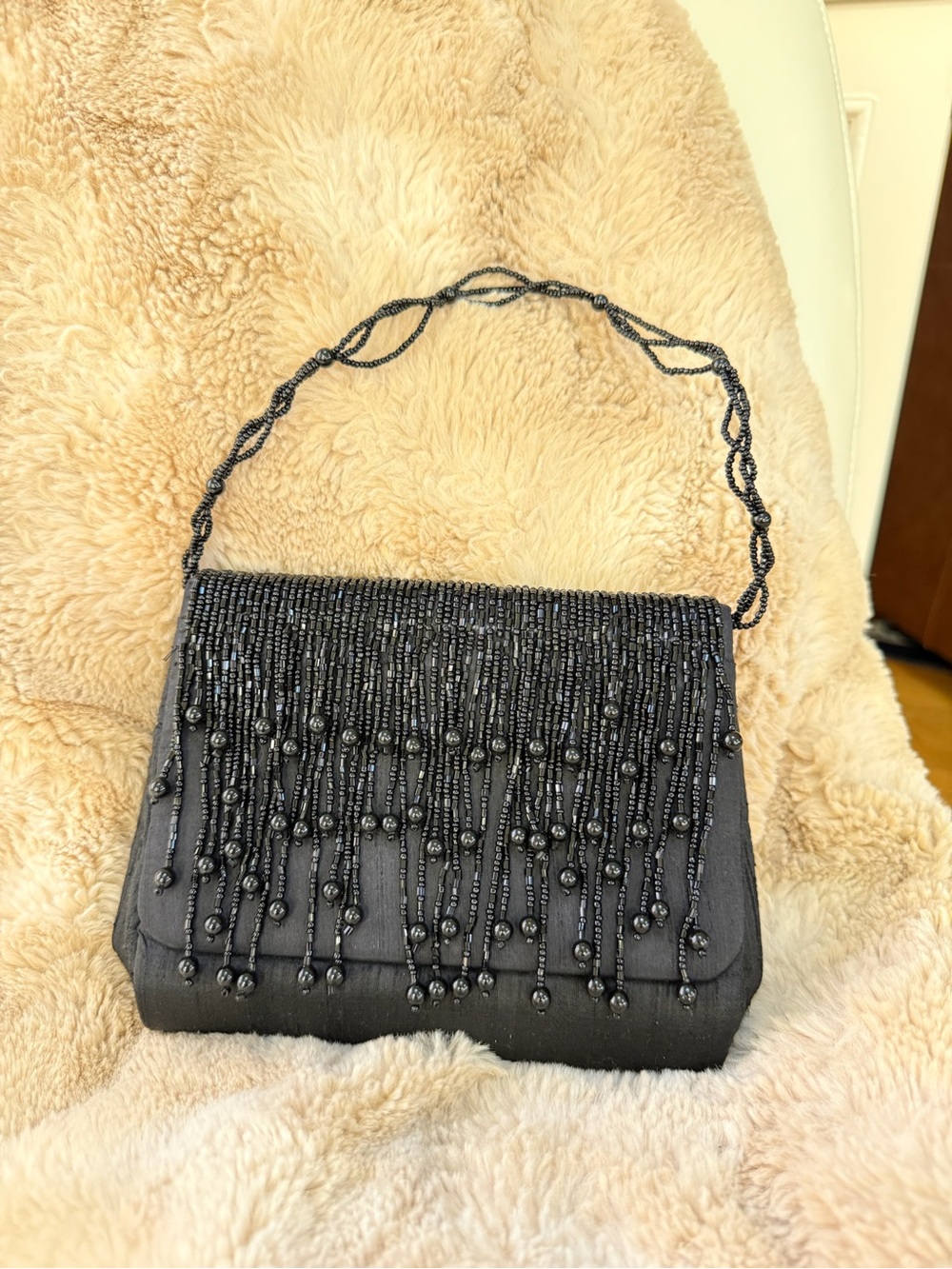 Vintage Black Beaded Fringe Evening Bag
